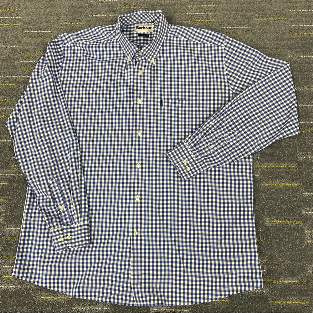 Barbour Button Down Shirt Mens XL Blue Gingham Bruce Long Sleeve Tailored Fit